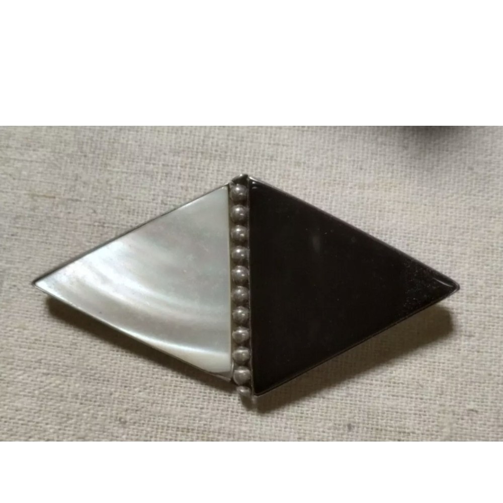Great Falls Metal Works Modernist MOP & Onyx Sterling Silver Brooch